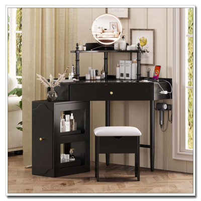 Corner Vanity Desk Set with Storage Stool and Charging Station