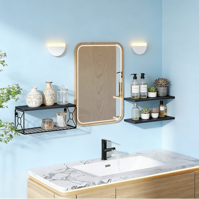 Bathroom Shelves Over Toilet With Storage Basket, Floating Wall Shelf For Home Organization, Wall Decor, Black