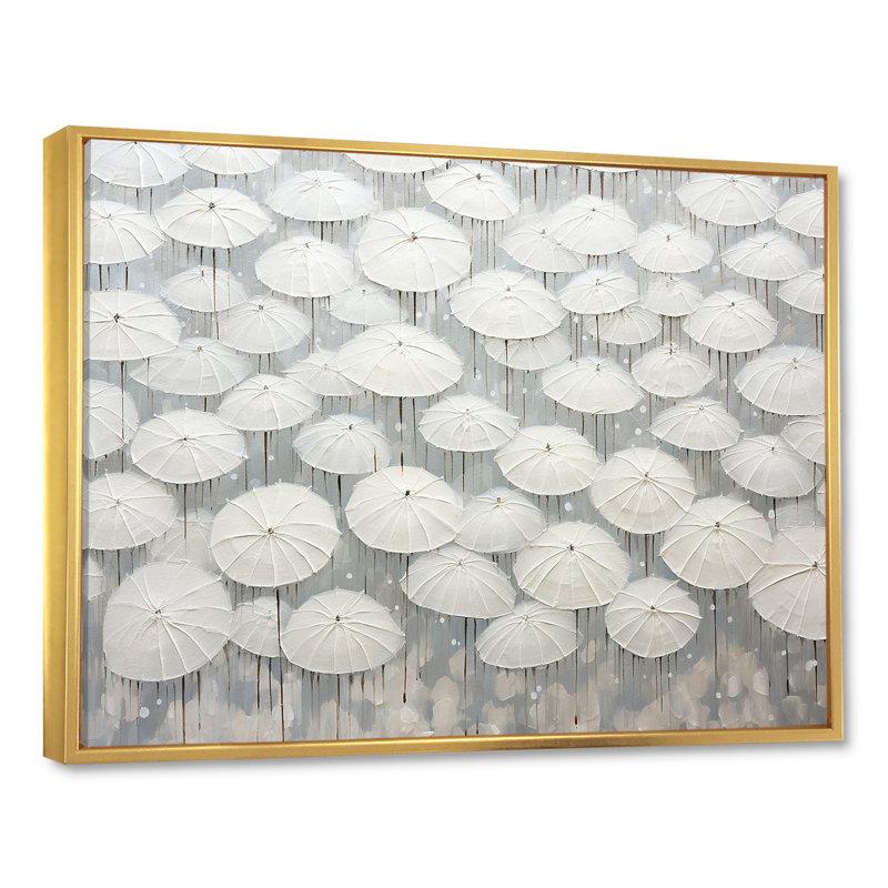 Ciel plein de parapluies blancs sur toile, Cadre flottant doré, 24" H x 32" W