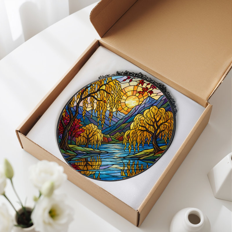 12"H Autumn Landscape Stained Glass Window Panel, 12" H x 12" W
