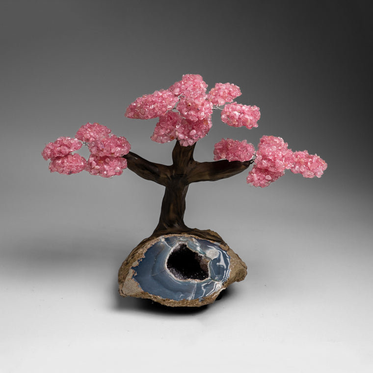 Custom - Genuine Rose Quartz Clustered Gemstone Tree On Agate Geode Matrix (The Love Tree)
