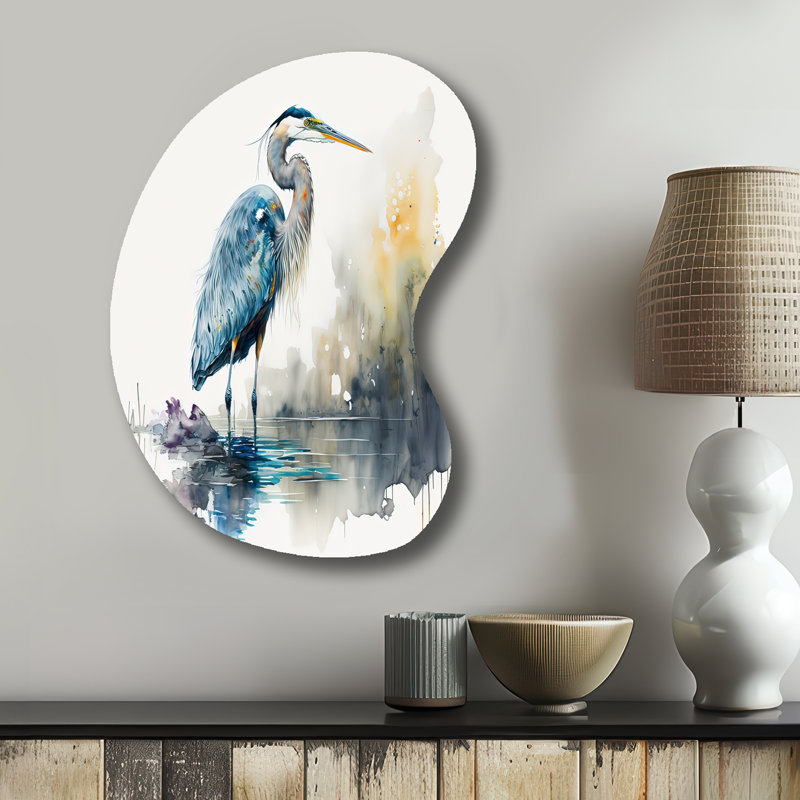 Mignon héron dans un lac, art floral III - héron asymétrique, reproduction d'art murale en métal, H 31 po x l 22 po