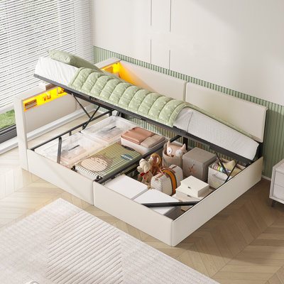 Upholstered Daybed with Charging Station & Hydraulic Storage, Corner Bed with LED Headboard