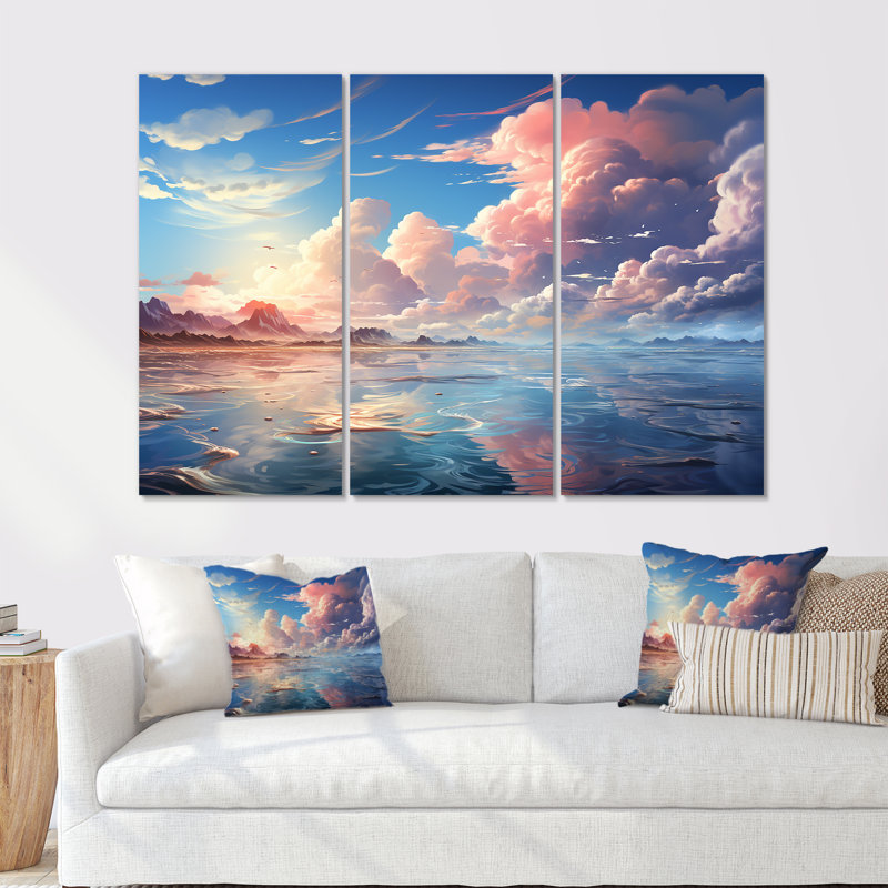 «Aqua Pastel Clouds Lansdcape», ensemble de reproduction d'art mural nuages, H 28 po x l 36 po x P 1 po, Toile tendue