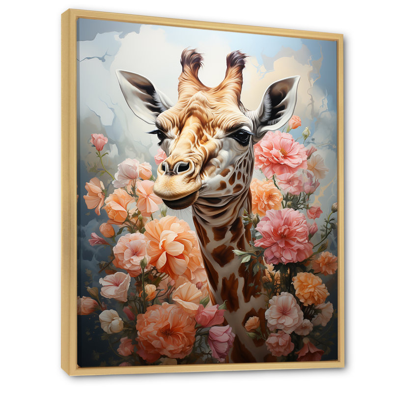 Joli portrait de girafe rose sur toile, Cadre naturel flottant, H 40 po x l 30 po x P 1,5 po