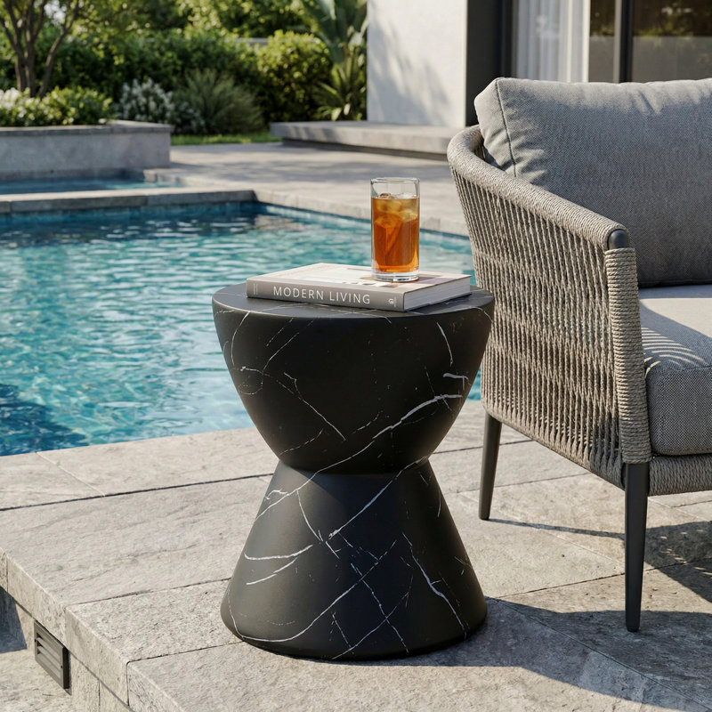 Outdoor Lightweight Concrete Mgo Side/End Table, Living Room Accent Table, Black Marble