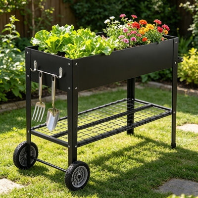 Jardinière surélevée avec pieds et roulettes, en métal galvanisé, noire, 110 x 50 x 80 cm, idéale pour terrasse ou balcon.