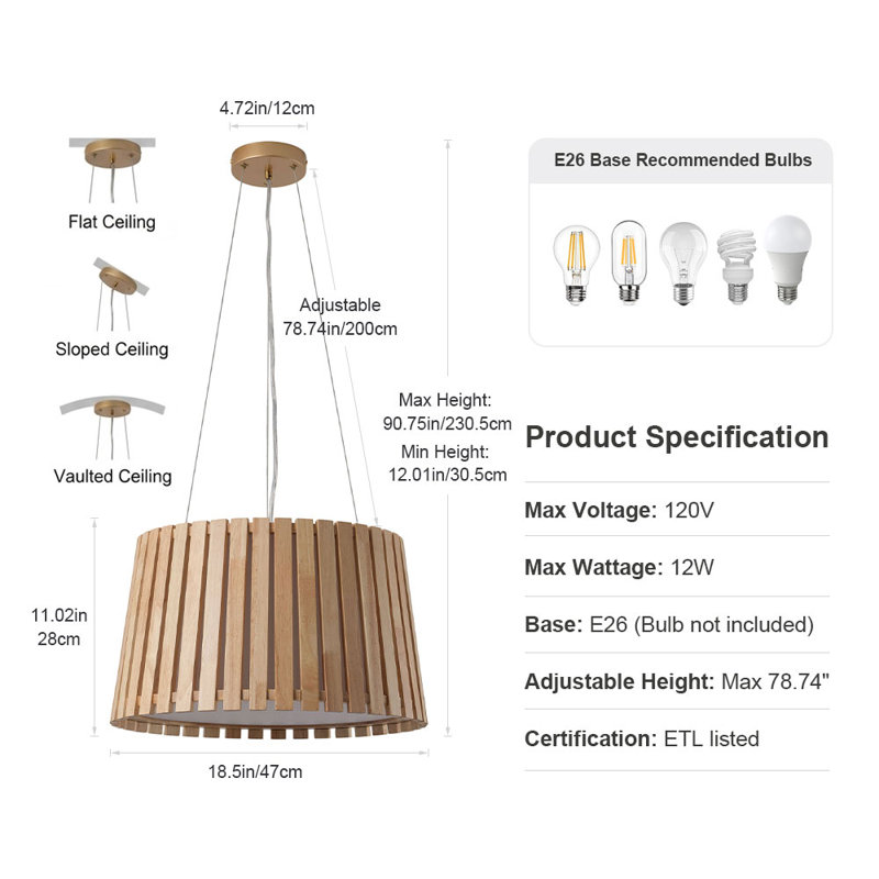 Lustre tambour 4 lumières en bois de ferme moderne avec finition dorée