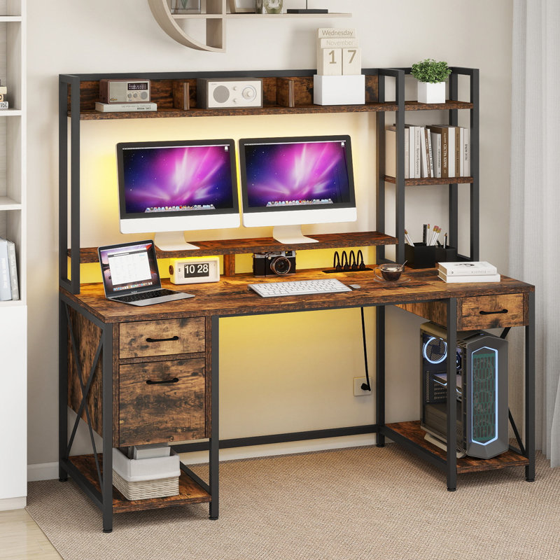Screven Computer Desk with Drawers & Hutch Shelves, Office Desk with Power Outlets & LED Lights, Rustic Brown/Black