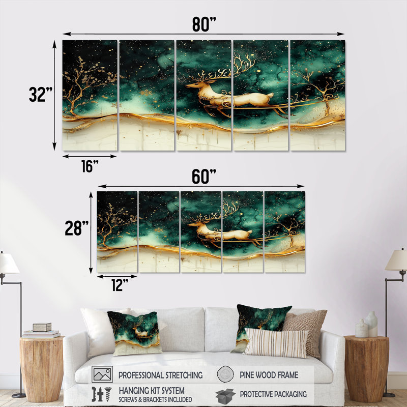 «Christmas Reindeer Sleigh Ride Fun II - Christmas Santa Deer», ensemble d'art mural sur toile, H 28 po x l 60 po