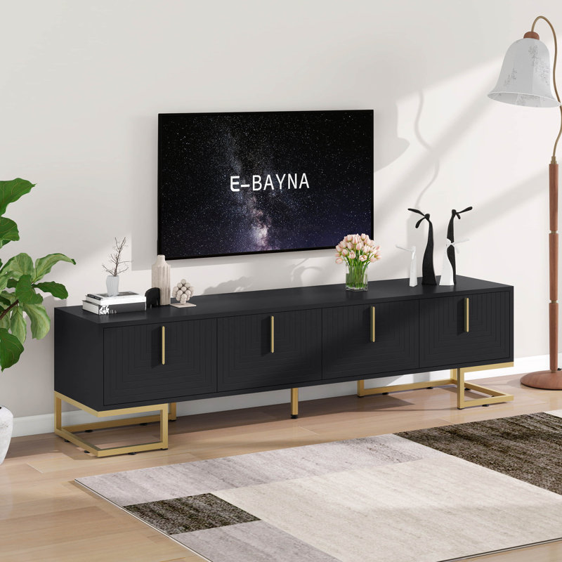 Modern TV Stand With Metal Legs, Gold Handles, Geometric Lines And Adjustable Shelves For Tvs Up To 80'', Media Console Table