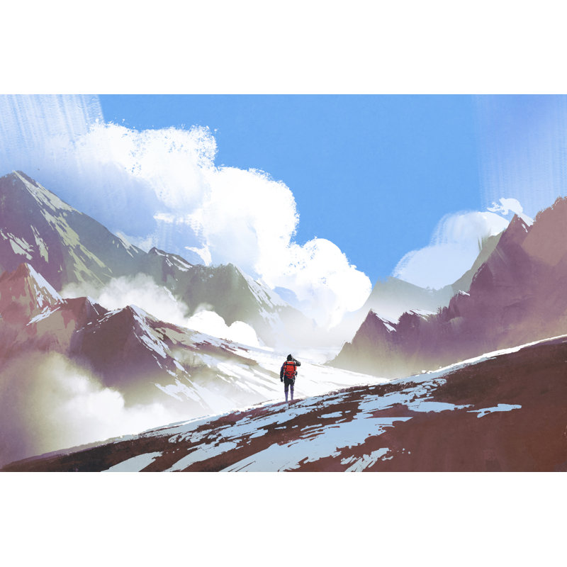 Hiker With Backpack Looking At Mountains - Wrapped Canvas Painting, 20cm H x 30cm W x 3.8cm D