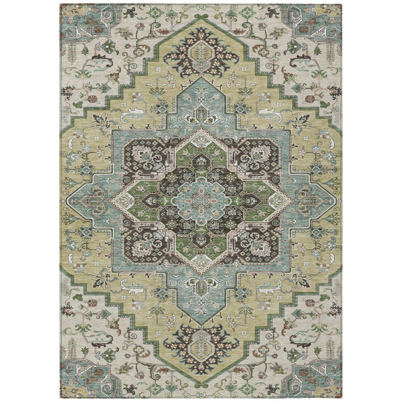 Tapis d'intérieur lavable extérieur beige, vert et brun 5 pi x 8 pi