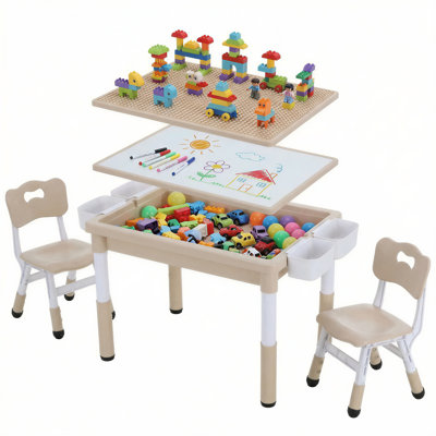 Kids Table and 2 Chairs Set, Height Adjustable Toddler Activity Lego Table with Large Storage & Double-Sided Graffiti/Block Building Tabletop, 4 Drawers for Home, Preschool, Classroom(beige)