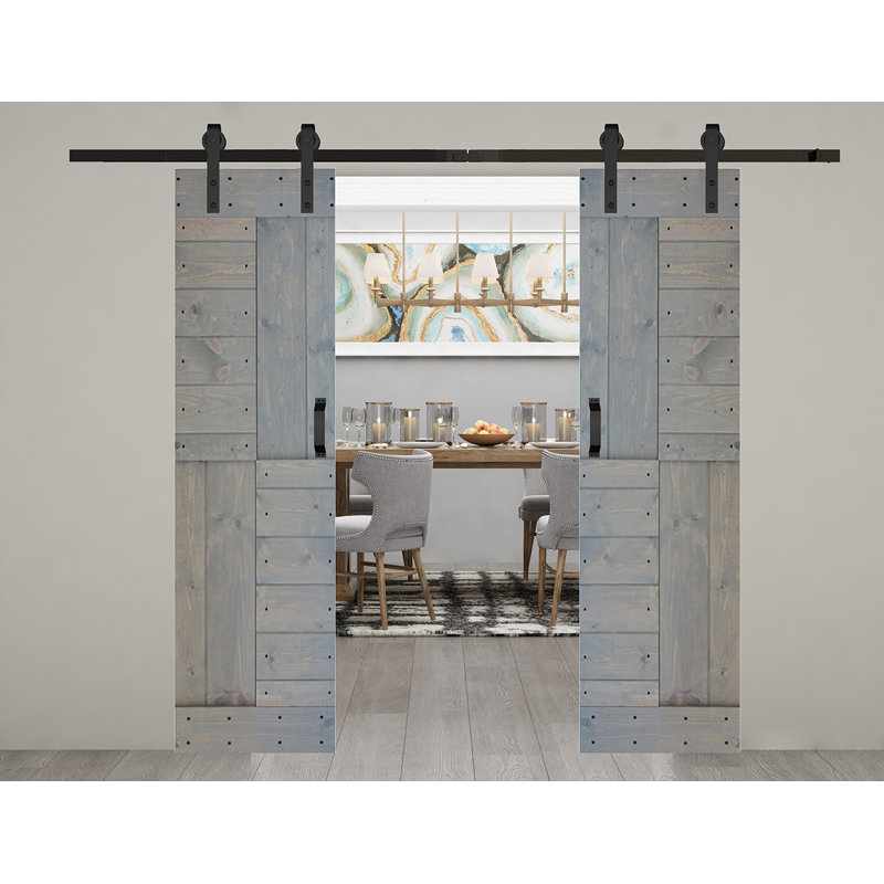 Porte de grange coulissante double en bois massif avec trousse de quincaillerie brevetée S Series - assemblage requis