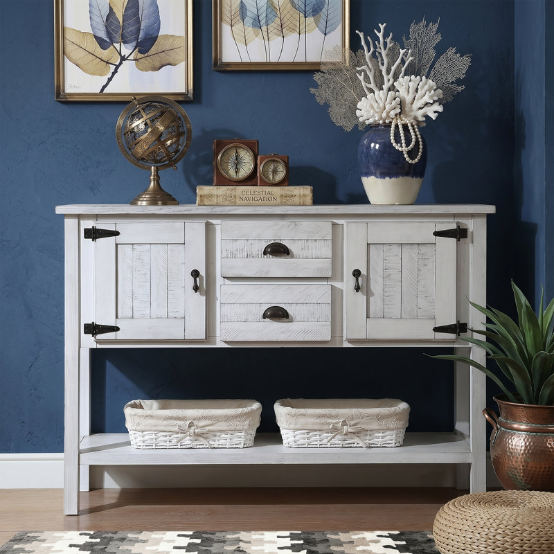 Buffet 48 po en bois massif espresso avec console 2 tiroirs et 2 portes avec tablette inférieure ouverte, White