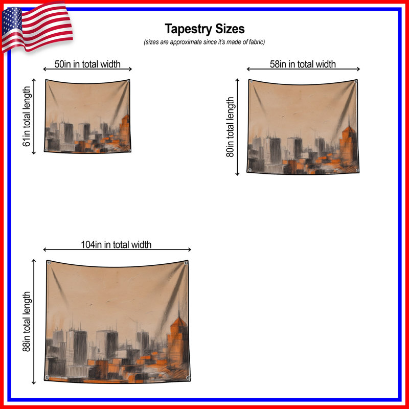 Tapisserie murale orange, paysage urbain, 104 po H x 88 po avec 4 œillets