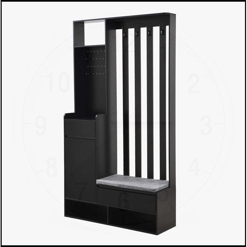 Arbre d'entrée contemporain l 39,3 po x H 70,8 po avec rangement, banc rembourré et panneau perforé pour vestibule et vestibule