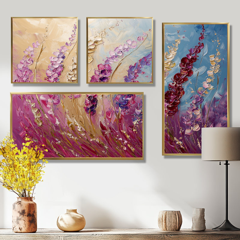Fleurs violettes, beauté sauvage dépliée I - Art mural floral 4 pièces, Impression encadrée sans passe-partout, Doré