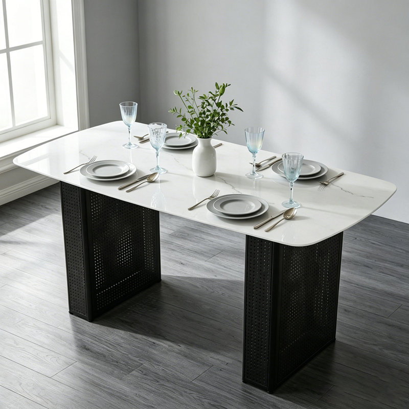 Table de salle à manger rectangulaire moderne en verre trempé à motif marbré avec base en métal à double piédestal, idéale pour la salle à manger et le bureau personnel