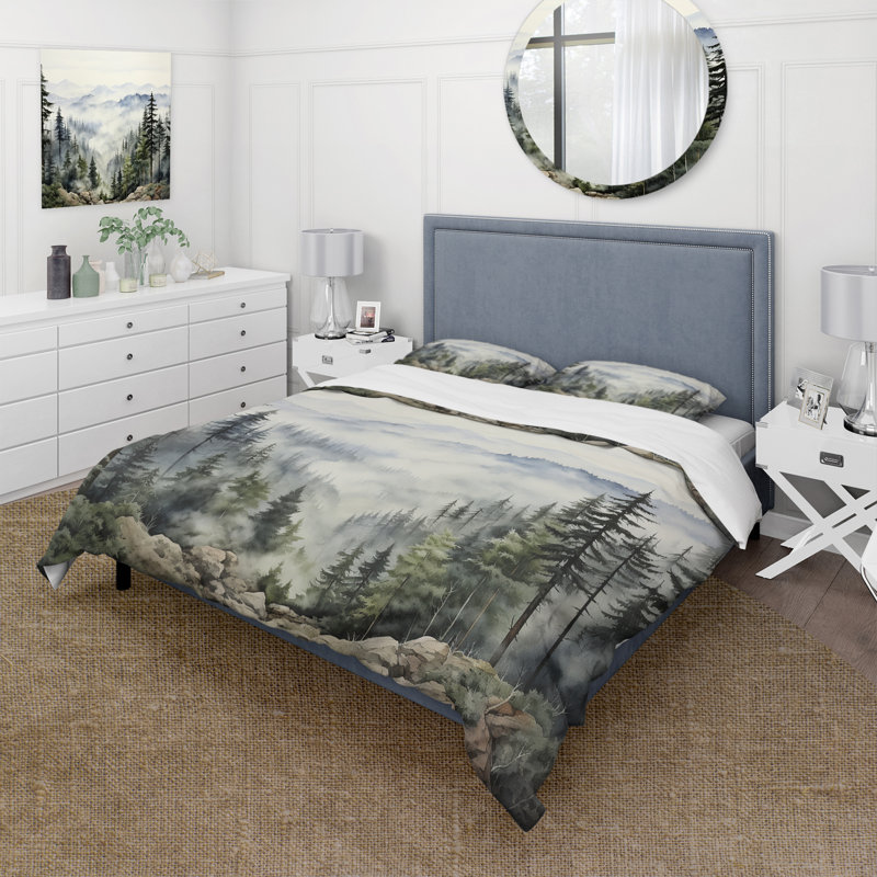 Pine Tree Misty Mountain I - Tree Pine Duvet Cover Set - Microfiber Polyester, Twin Duvet Cover + 1 Standard Sham