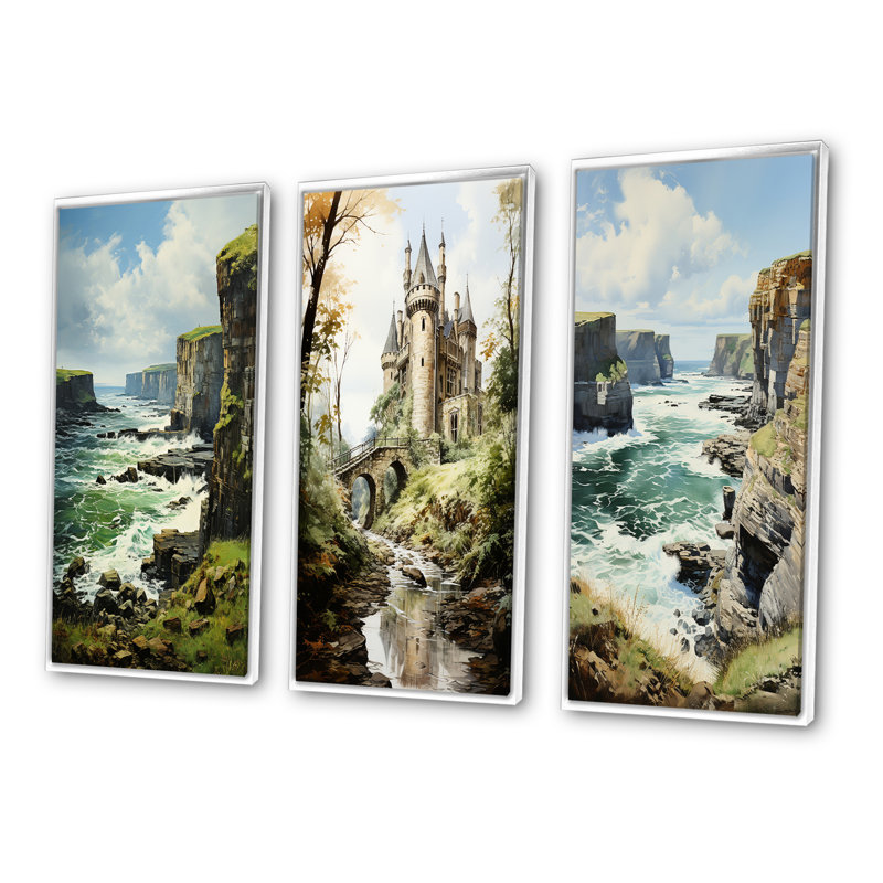«England Majestic Cliffsengland Landscape», 3 pièces sur toile, Cadre blanc, H 40 po x l 60 po