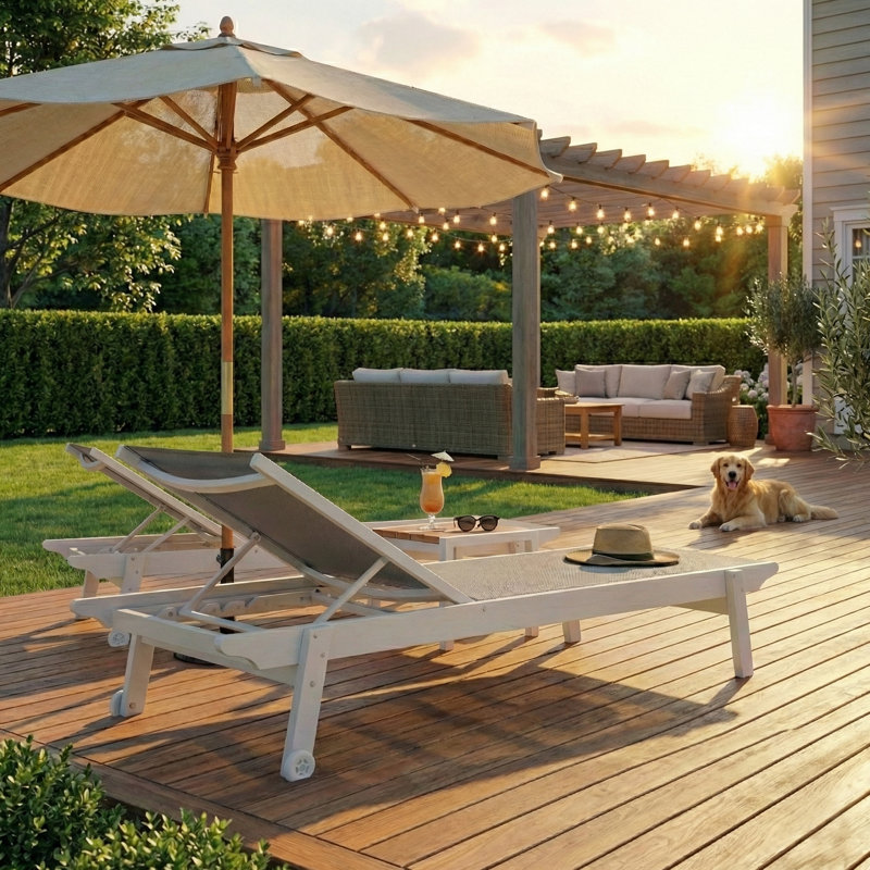 Murcano All-Weather HDPE Outdoor Sun Lounger with Wheels: Heavy Duty Armless Chaise Lounge with Breathable Sling Fabric, UV-Resistant & Easy Move for Poolside, Deck, or Beach