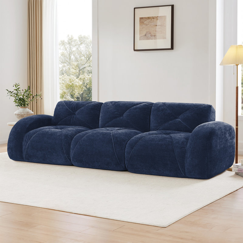 Canapé modulaire en velours rembourré 3 places avec coussins capitonnés 110 po Pondera, Velours - Bleu