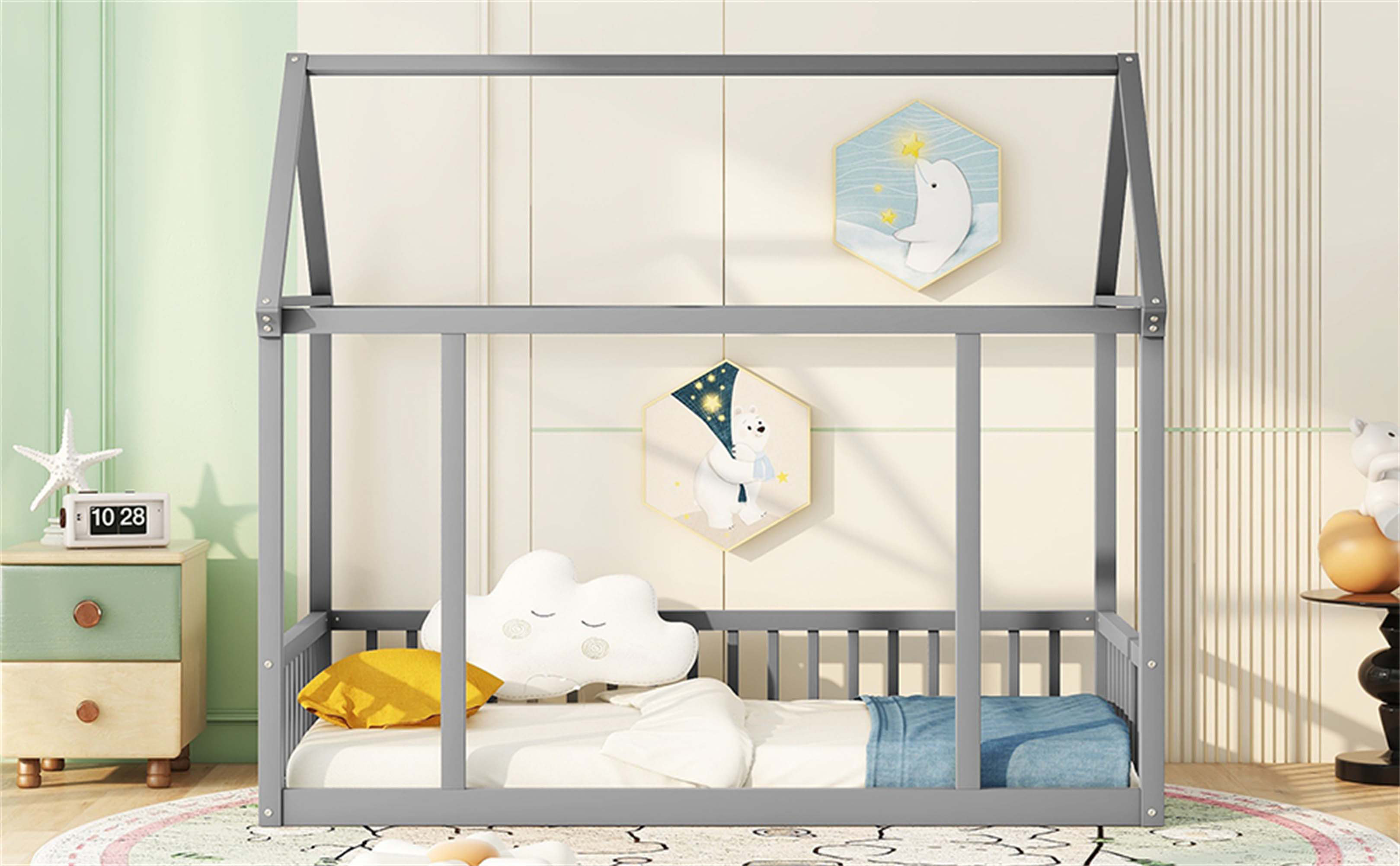 Ophelia & Co. Honaye Floor Wooden Bed With House Roof Frame And Safety ...