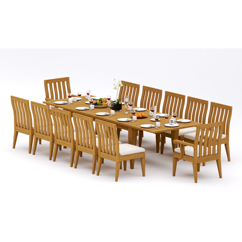 10 Seats 11 Pcs Grade-A Teak Wood Dining Set: 122" Atnas Double Extension Rectangle Table And 10 Caranas Chairs (2 Arm & 8 Armless Chairs) #11Ca2802