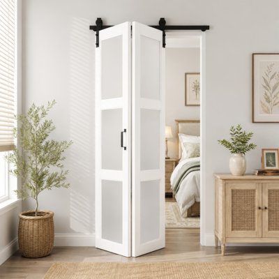 84" 3-Lite Frosted Glass and Manufactured Wood Paneled Bifold Barn doors, Installation Hardware Included
