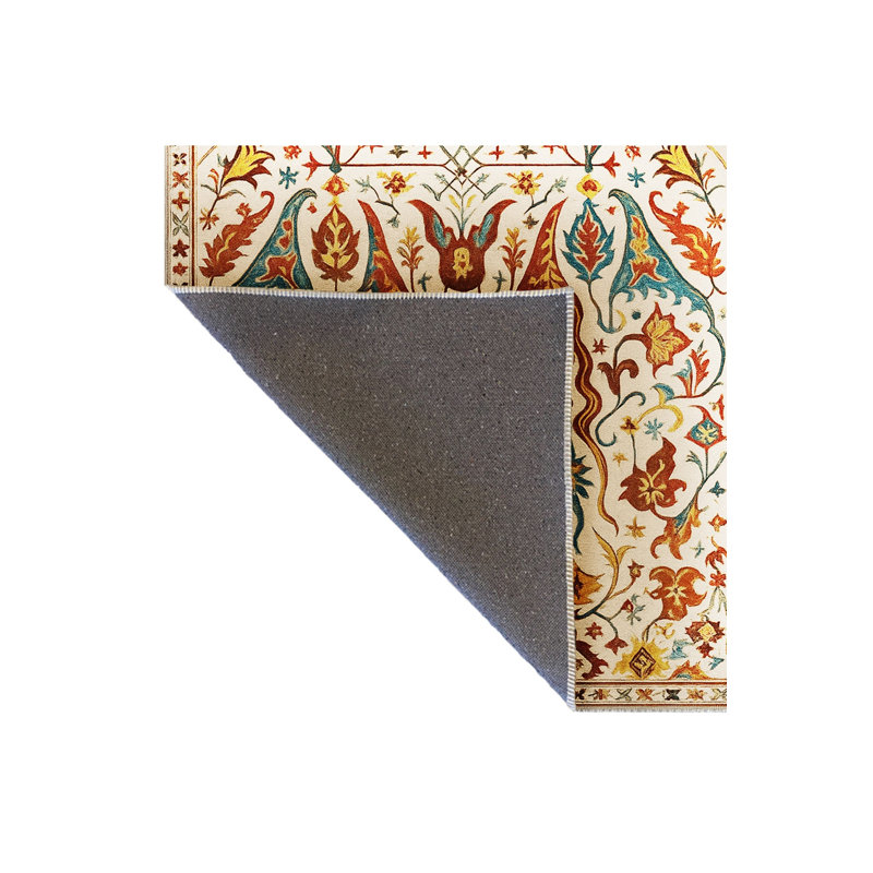 Tapis beige tissé à motif floral rétro Mosso, 3'3" x 4'11"