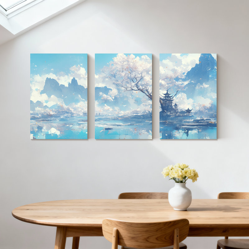 Paysage et nature, ciel, montagnes, nuages, arbre, temple, eau, réflexions, ensemble de 3 impressions sur toile
