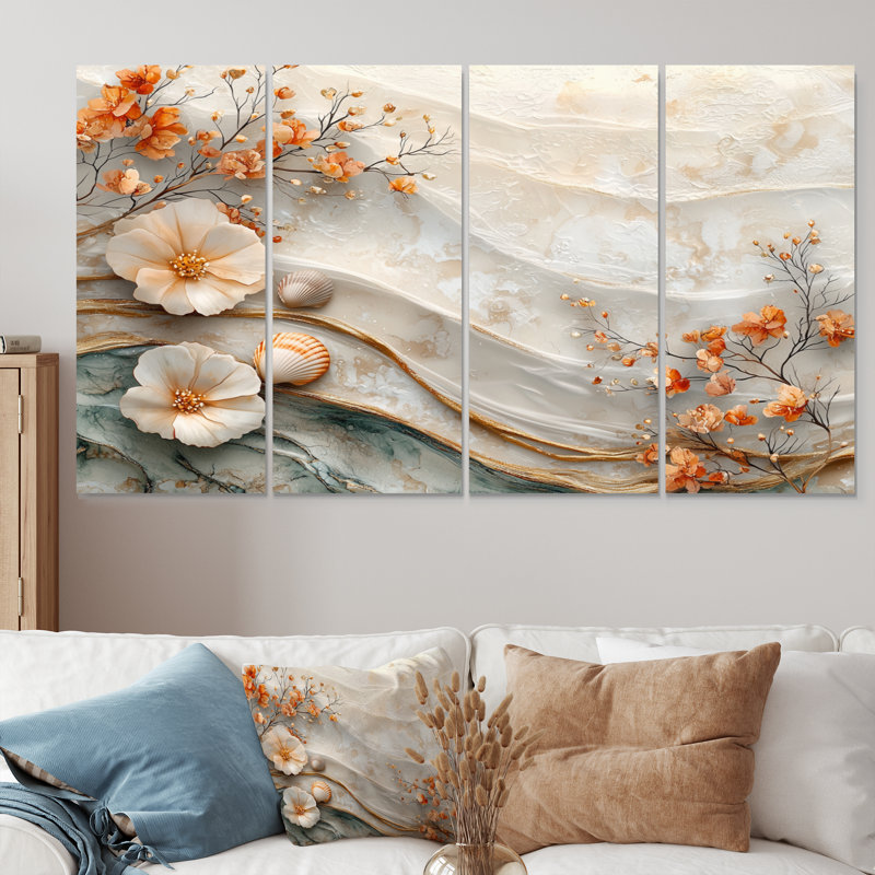 Scannell coquillage et paysage de plage marbrée I - art mural côtier - art mural nautique sur toile, H 32 po x l 64 po, 4