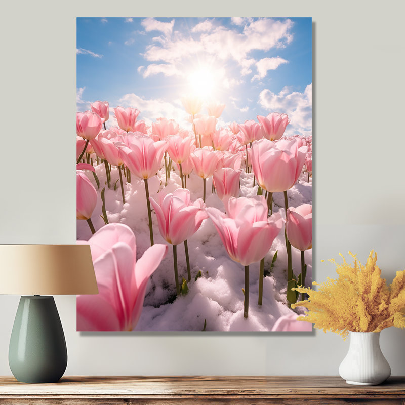 Tulipe rose, neige, paysage ensoleillé II - Tulipes, art mural, Métal métal, H 44 po x l 34 po x P 1,5 po