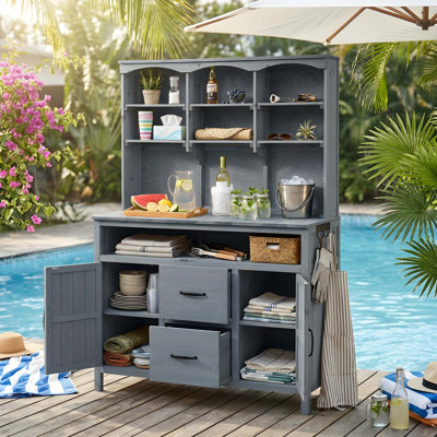 Grand banc de rempotage en bois de sapin, îlot de cuisine d'extérieur multifonctionnel de 45,3 po avec huche, armoires, tiroirs et crochets, grand comptoir pour le jardinage, barbecue