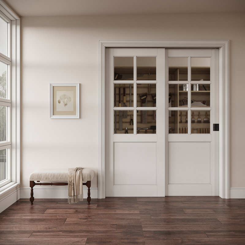 Porte coulissante intérieure coulissante à 6 carreaux en verre clair, MDF CARB P2 et verre trempé SGCC, avec cadre renforcé, serrure à galandage noire et quincaillerie incluses, préfinie et imperméable, pour garde-manger, chambre et placard, teinture facile à appliquer soi-même, 162,5 cm x 203,2 cm