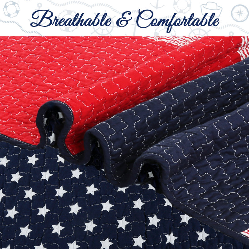 Patriotic Patchwork Red White and Blue Cotton Twin Quilt Set