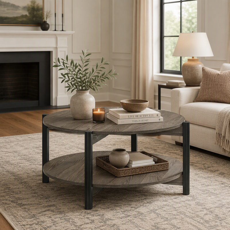 Table basse ronde avec pattes en métal, tablette ouverte et fini gris foncé
