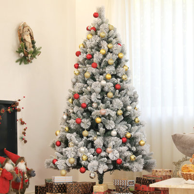 Arbre de Noël artificiel 6,5 pi avec 350 lumières claires, attrait enneigé, 1107 pointes, support stable, arbre enneigé Holiday Glowour, base en métal, glamour