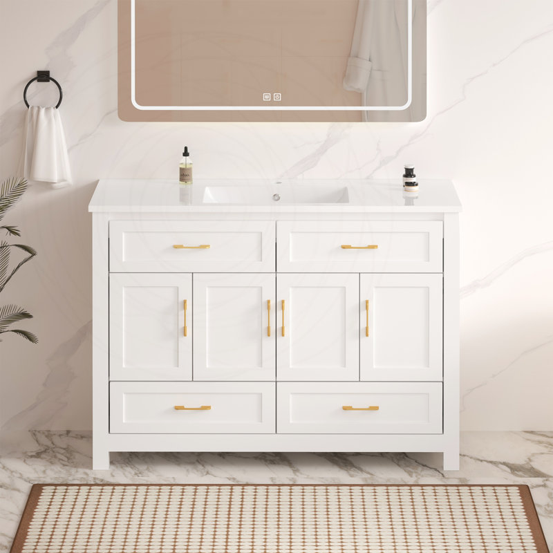 Ensemble de meuble-lavabo blanc 48 po avec lavabo en résine, White, Résine blanche