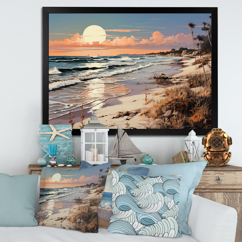 «Sunset Ambianc Full Moon Rising Over Beach», reproduction sur toile, H 16 po x l 32 po x P 1 po, Cadre simple noir