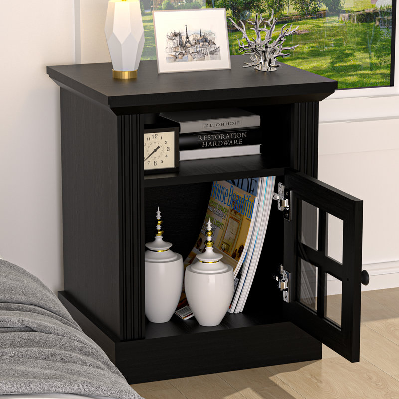 End Table With Storage Shelf, Farmhouse Nightstand W/tempered Glass, 3-tier Side Table Rustic Wood For Living Room, Bedroom, Office