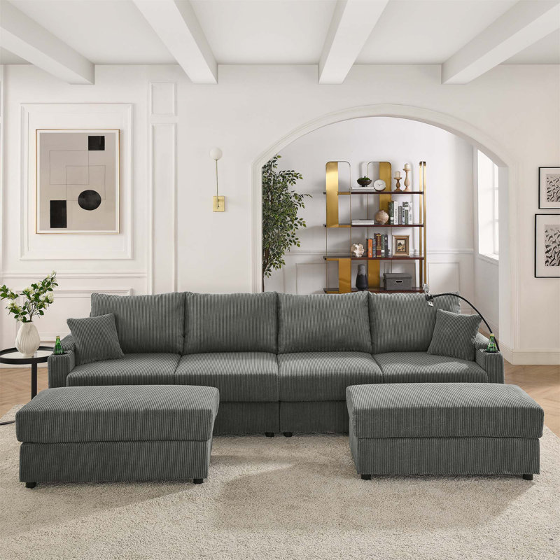 Canapé moderne en U avec 4 sièges et rangement, avec 2 repose-pieds, canapé à siège profond avec porte-gobelets et support en téléphone Corduroy pour le salon