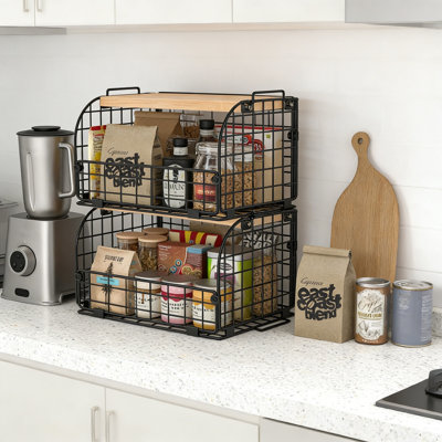 2 Set Stackable Wire Basket With Openable Top, Kitchen Counter Pantry Organizer, Produce Onion Potato Fruit Veggie Bread Bin