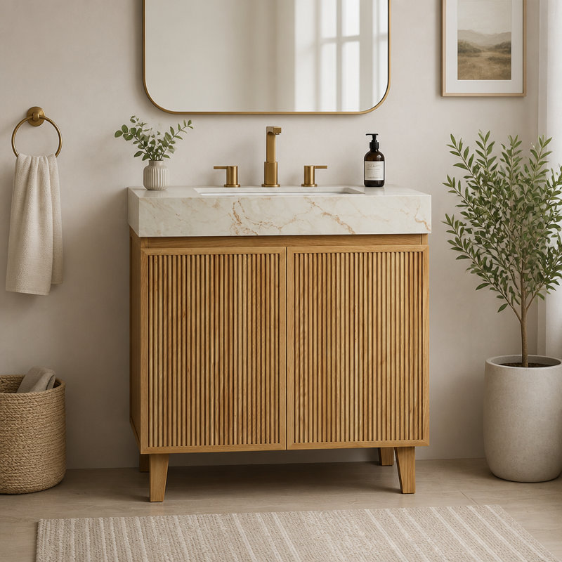 Meuble-lavabo autoportant de 76 cm (30 pouces) avec dessus en pierre frittée couleur crème veinée or, lavabo en céramique et trois trous prépercés pour robinetterie.