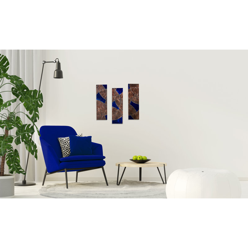 Cobalt Blue Distressed Copper 3-Panel Metal Wall Art