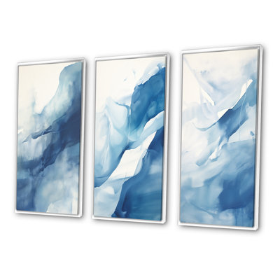 Blue And White Dancing Watercolor Clouds - Abstract Painting Art Set Of 3 Pieces