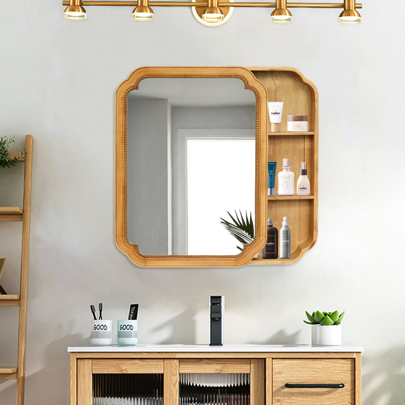 Miroir de pharmacie mural de 31,5 po de hauteur avec cadre en bois et rangement pour la salle de bain Élégante conception de perles, utilitaire durable, armoire de routine à installation rapide avec garniture unique de 24,41 po de profondeur