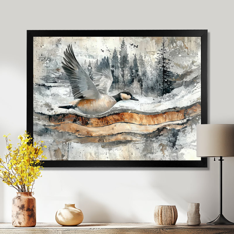 Goose Animals Into A Winter Horizon II - Goose Wall Art, Single Picture Framed, Black, 12" H x 20" W